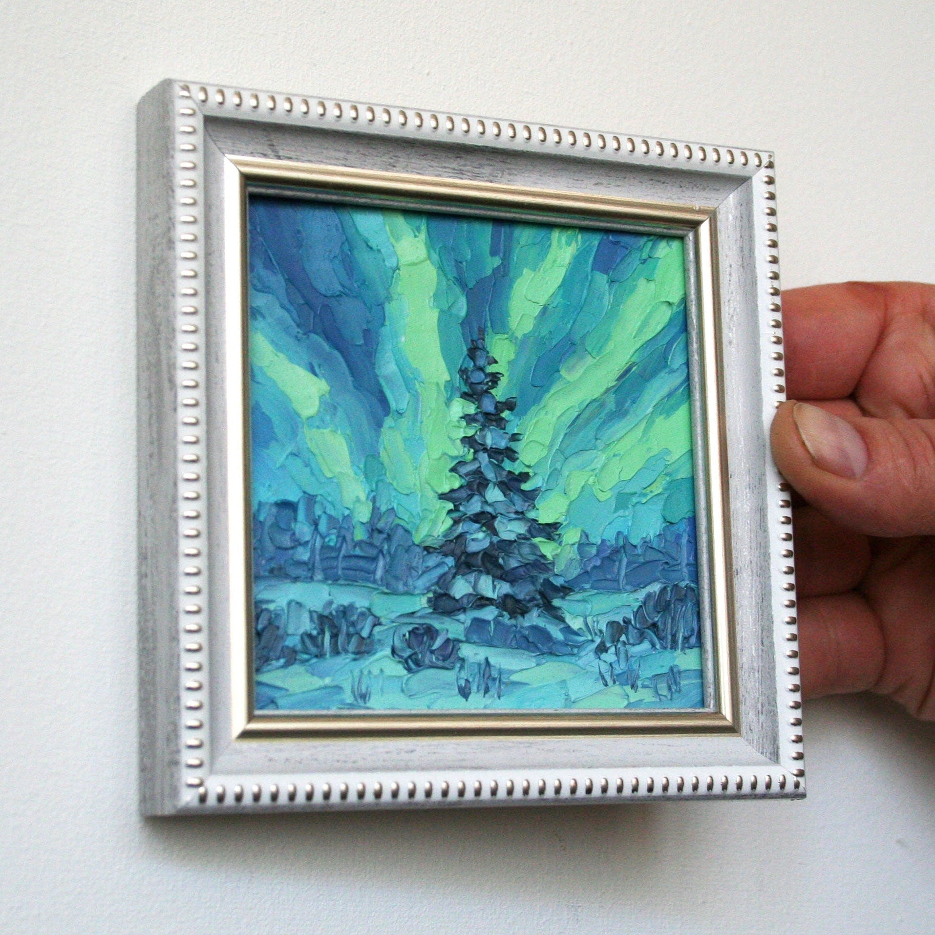 Aurora Borealis original oil painting on hard panel, made to order night sky pine tree art with frame