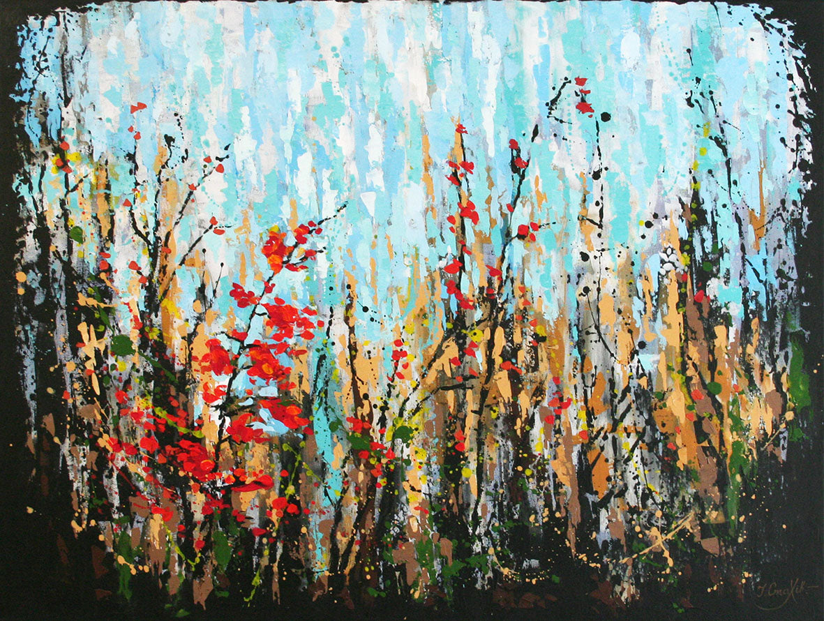 Autumn Vermont painting — original acrylic landscape painting 24×32, abstract autumn trees with turquoise sky