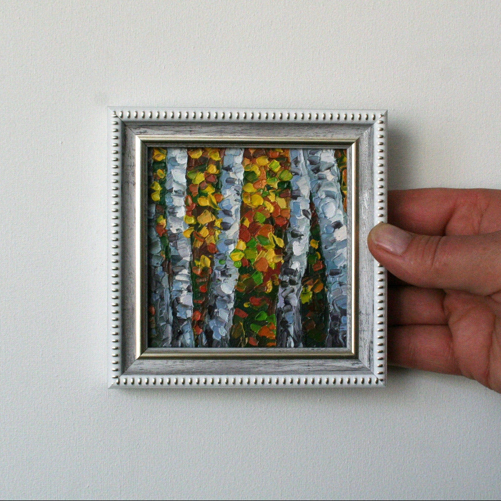 Birch tree art mini oil painting, Vermont fall foliage palette knife impasto 4x4 original