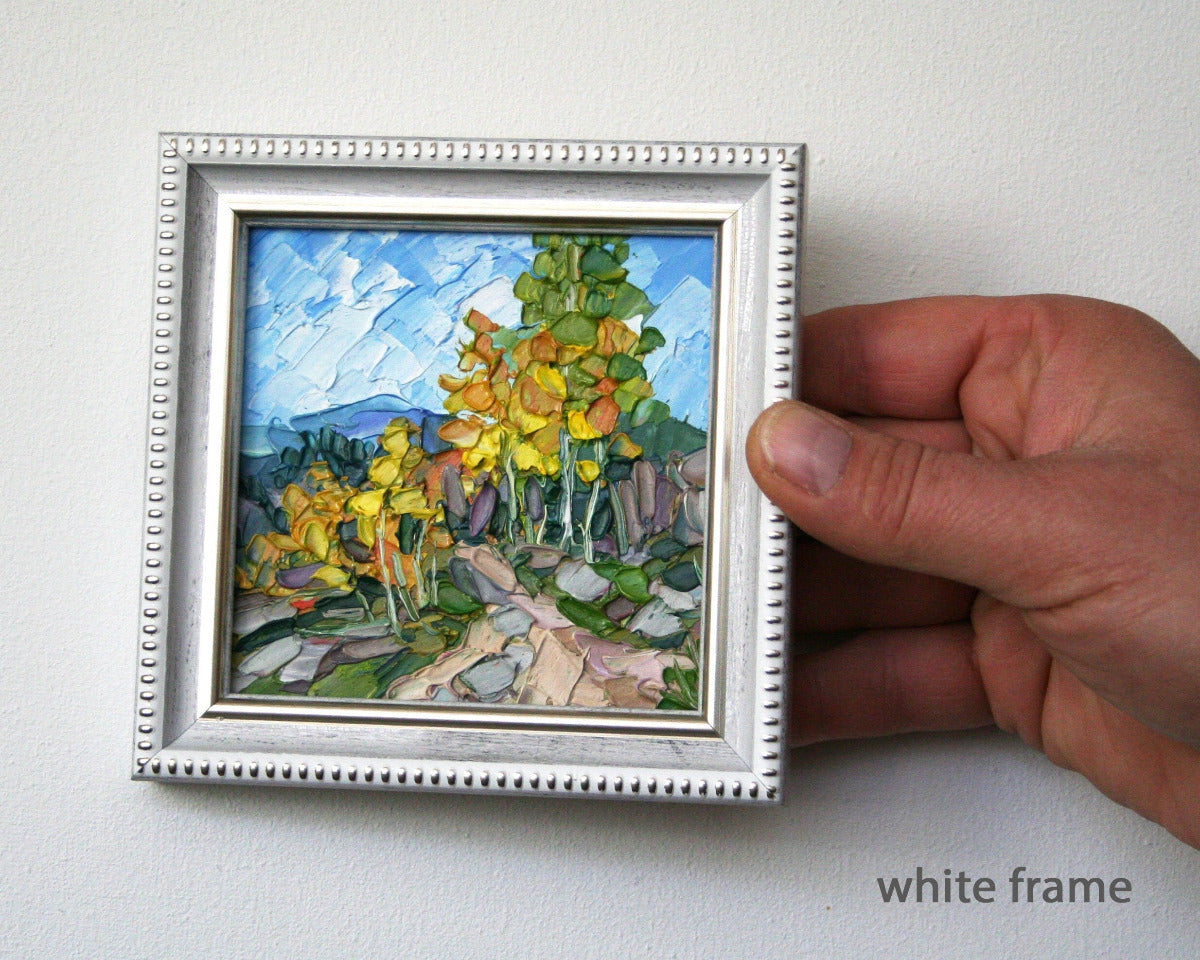 Birch tree autumn landscape painting detail, impasto texture palette knife white trunks golden leaves