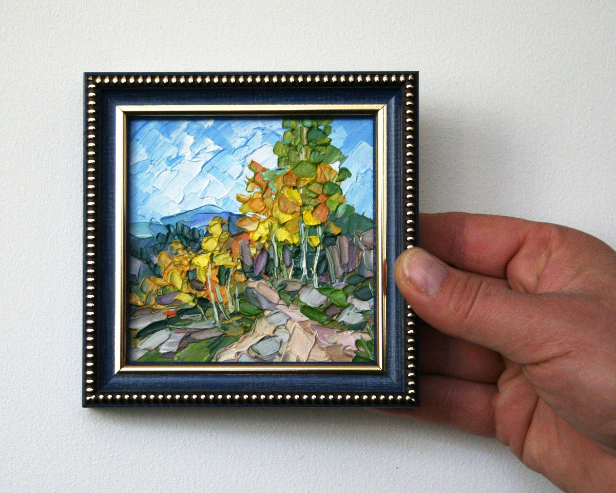 Birch tree mini oil painting 4x4, original framed textured impasto art autumn landscape by Iryna Stakhiv