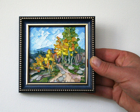 Birch tree mini oil painting 4x4, original framed textured impasto art autumn landscape by Iryna Stakhiv