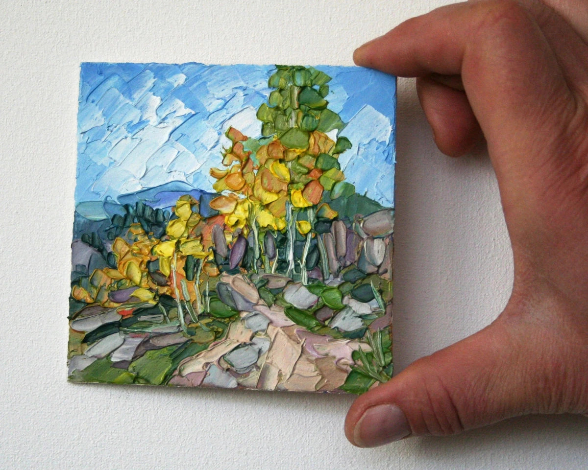 Birch tree miniature painting held in hand, mini oil original impasto art autumn colors