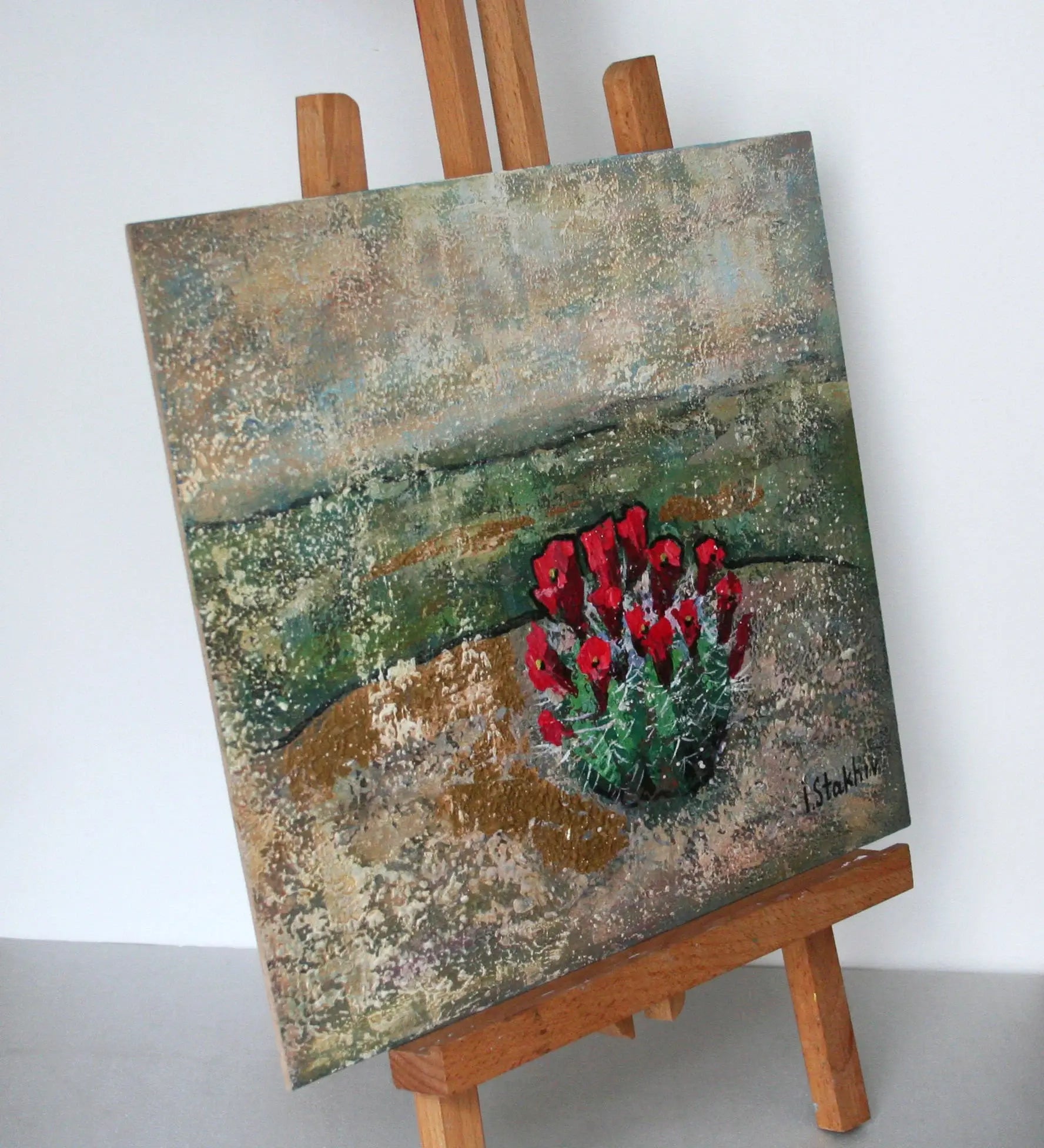 Cactus painting on easel — desert painting with gold leaf texture, impasto palette knife art