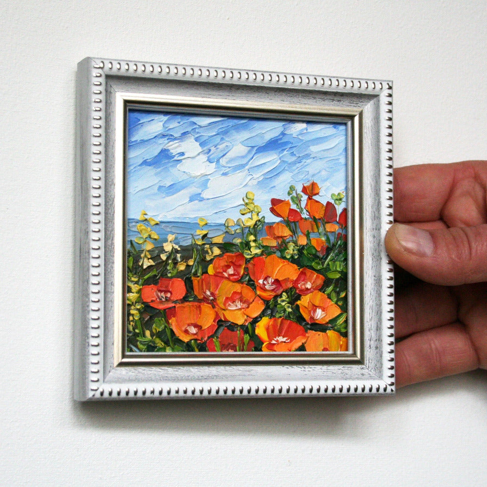 Californi poppies oill paining, tiny framed art, impasto art, textured artwork
