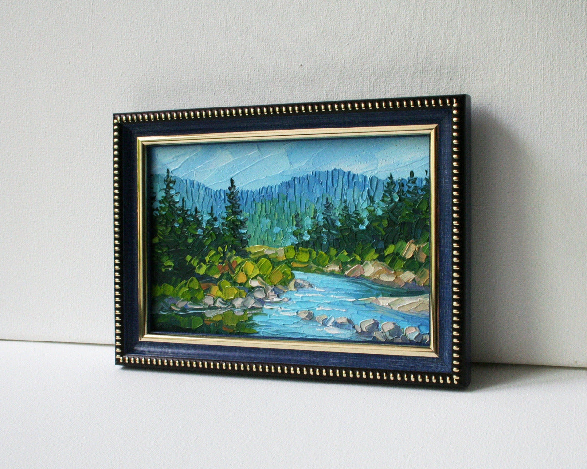 California landscape mini painting — tall firs and mountain river, impasto technique, framed