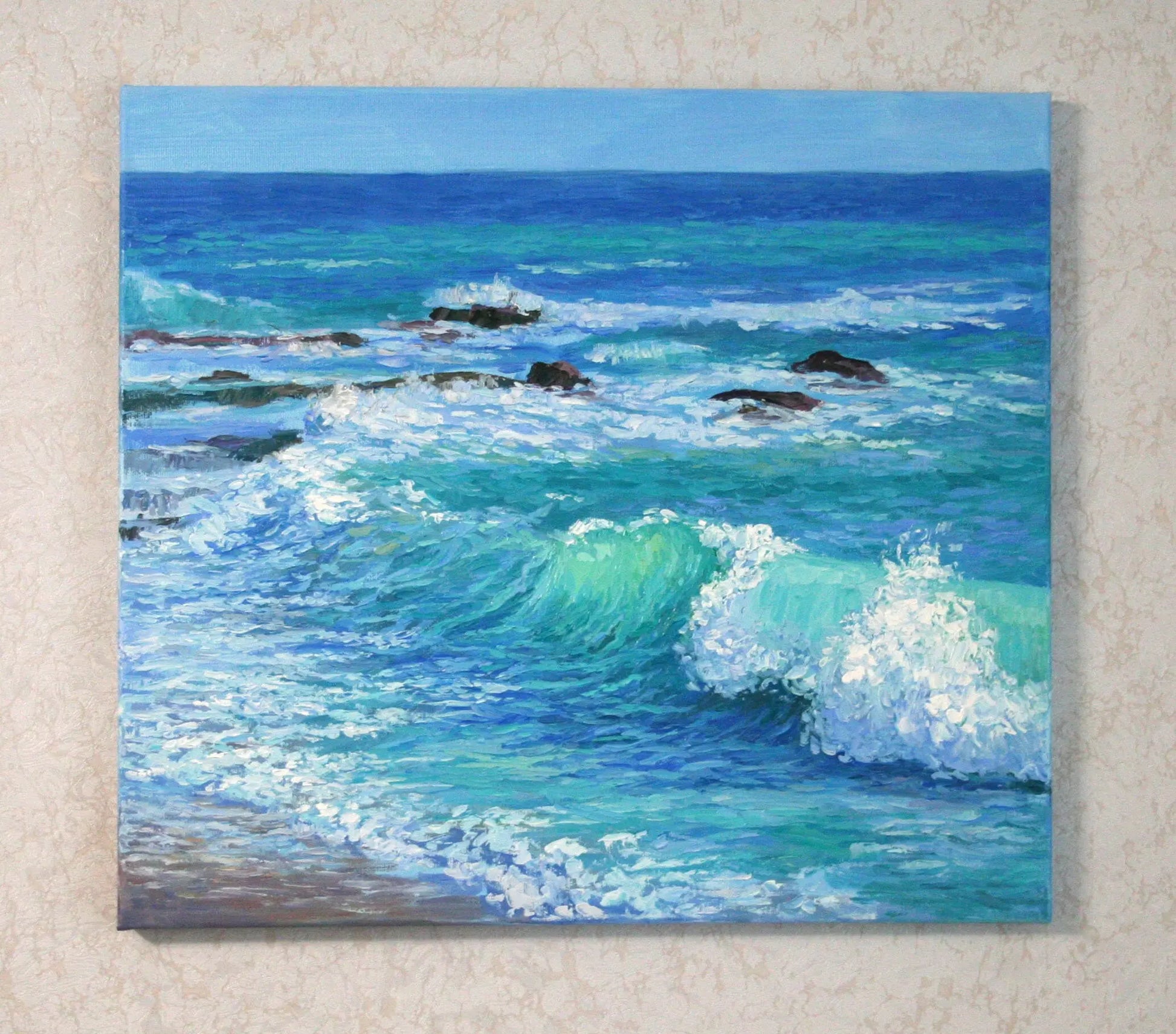 California ocean waves and rocks seascape oil painting detail, original palette knife impasto art by Iryna Stakhiv
