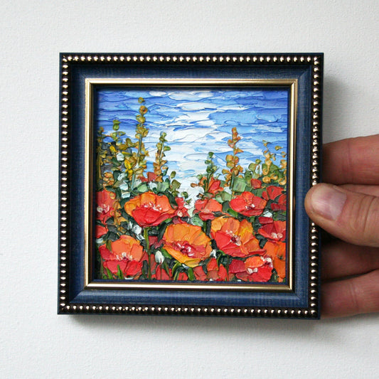 California poppy mini oil painting 4x4, original framed palette knife impasto art by Iryna Stakhiv