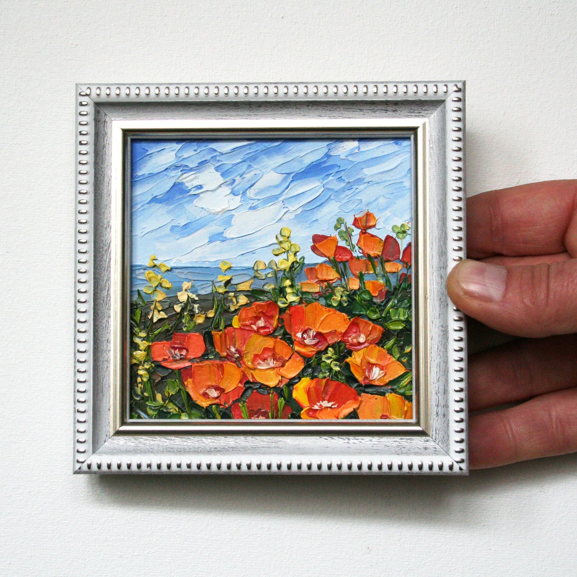 California poppy mini oil painting in a white frame, vibrant orange floral impasto art for wall decor.
