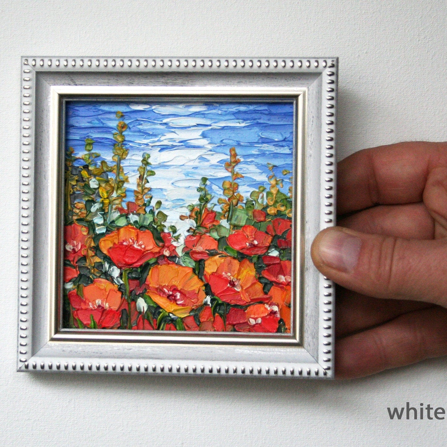 California poppy painting detail, textured impasto palette knife floral landscape art