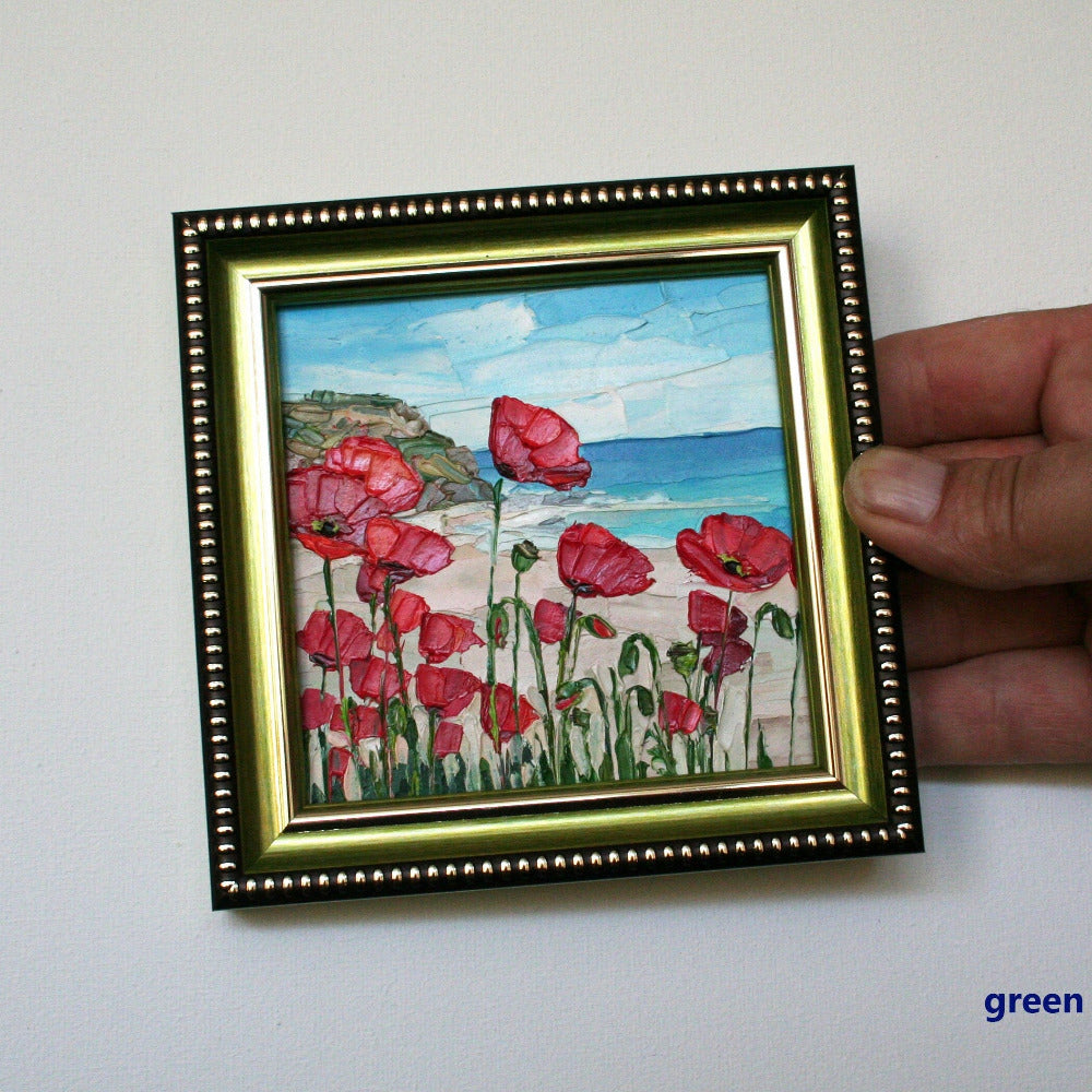 California red poppies mini painting in brown frame, original floral art by Iryna Stakhiv