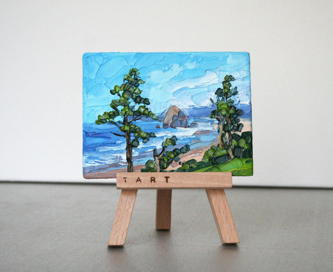 Cannon Beach mini oil painting on wooden easel, palette knife Oregon landscape art 3x4