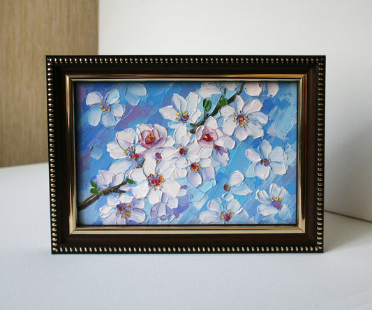 Cherry Blossom Mini Oil Painting 4x6 - Original Palette Knife Textured Framed Art