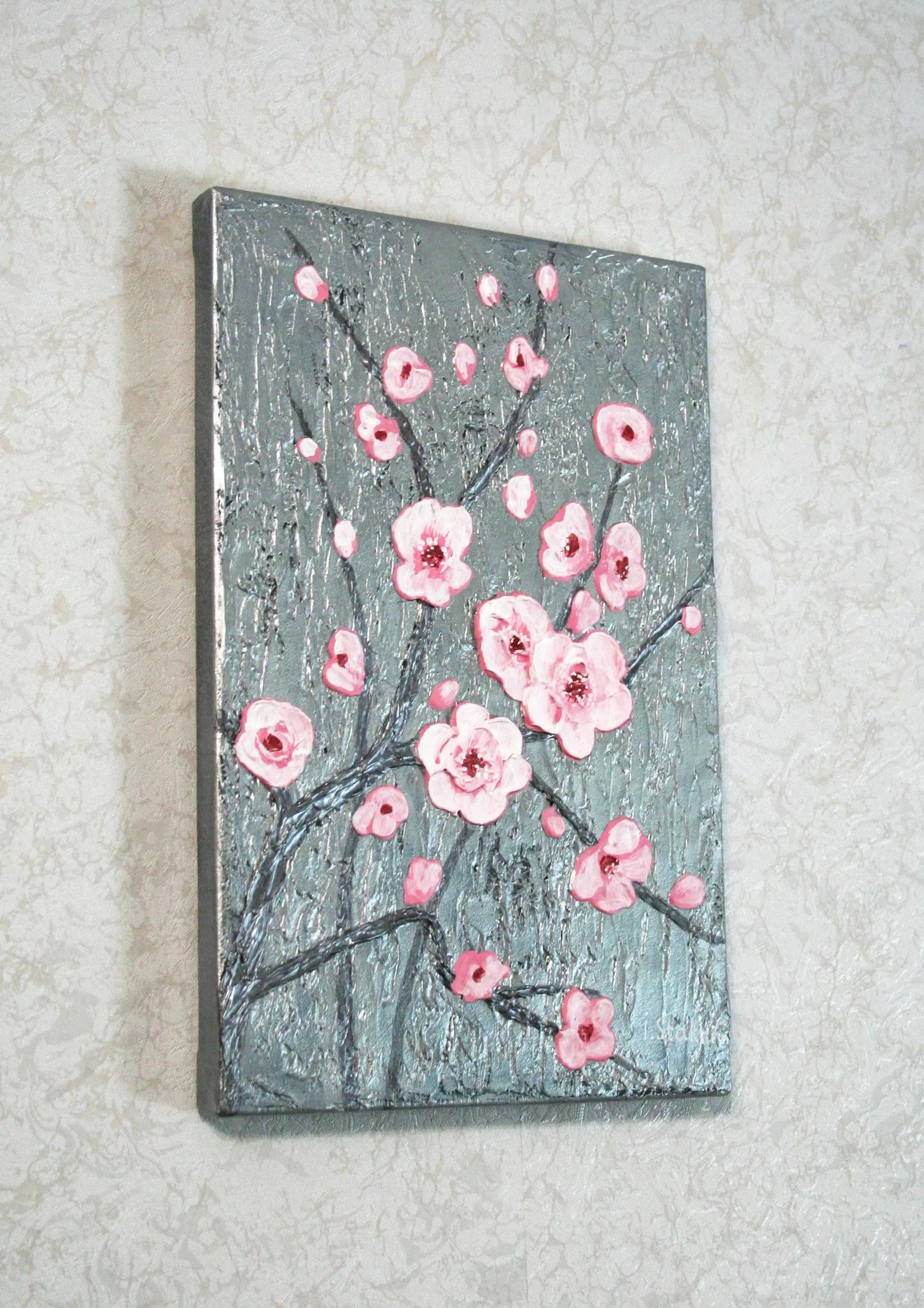 Cherry blossom 3D painting side view showing gallery wrapped canvas depth, pink floral palette knife impasto art