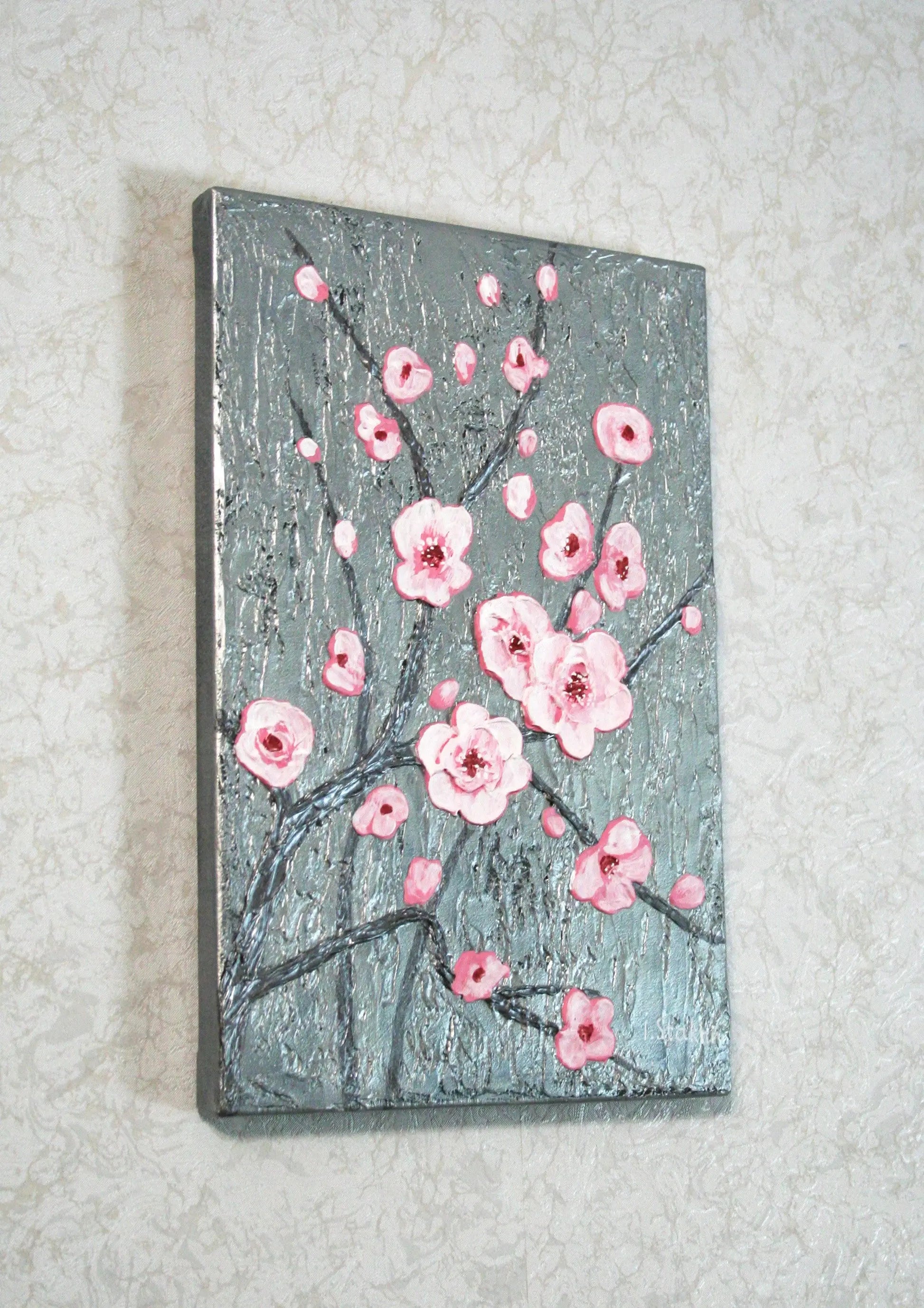 Cherry blossom 3D painting side view showing gallery wrapped canvas depth, pink floral palette knife impasto art
