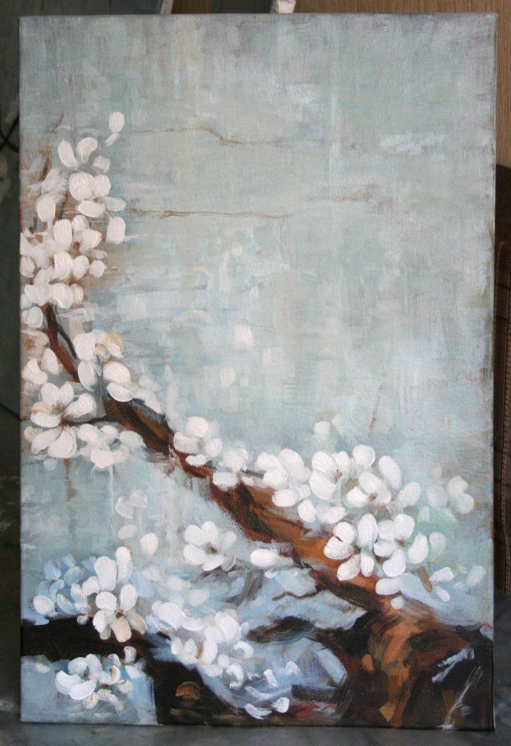 Cherry blossom 4 piece wall art detail, oil painting of white blossoms, gallery wrapped canvas