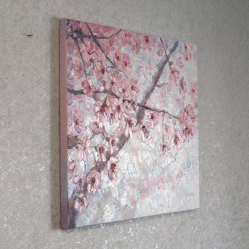 Cherry blossom impasto oil painting, palette knife texture pink blossoms on canvas