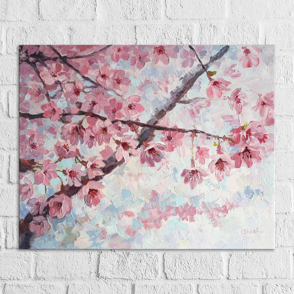 Cherry blossom oil painting on canvas, original palette knife impasto art spring flowers by Iryna Stakhiv
