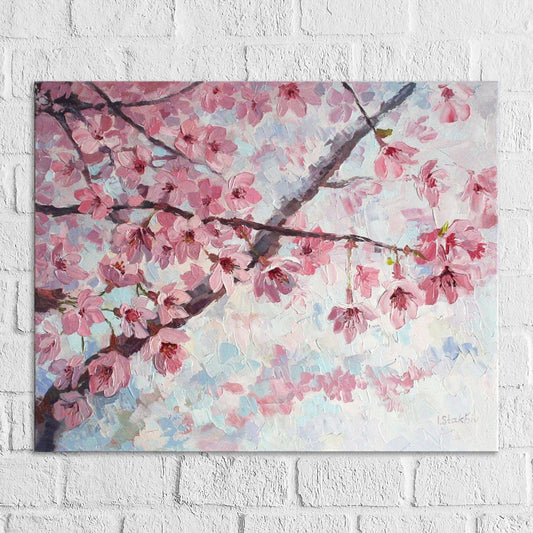Cherry blossom oil painting on canvas, original palette knife impasto art spring flowers by Iryna Stakhiv