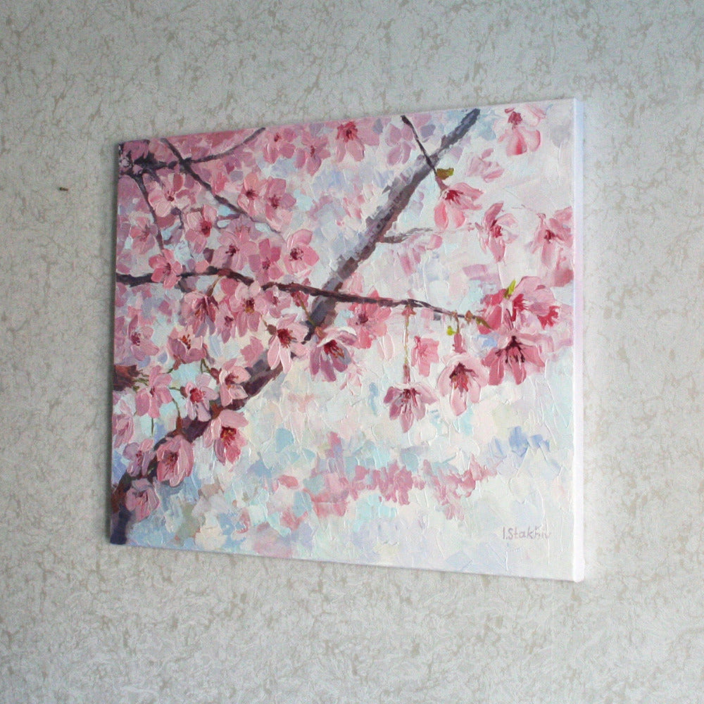 Cherry blossom oil painting, original spring flower art on stretched canvas by Iryna Stakhiv