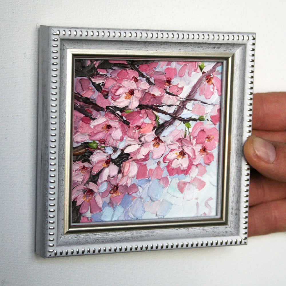 Cherry blossom original oil painting side view – impasto texture, hard panel 10x10 cm 