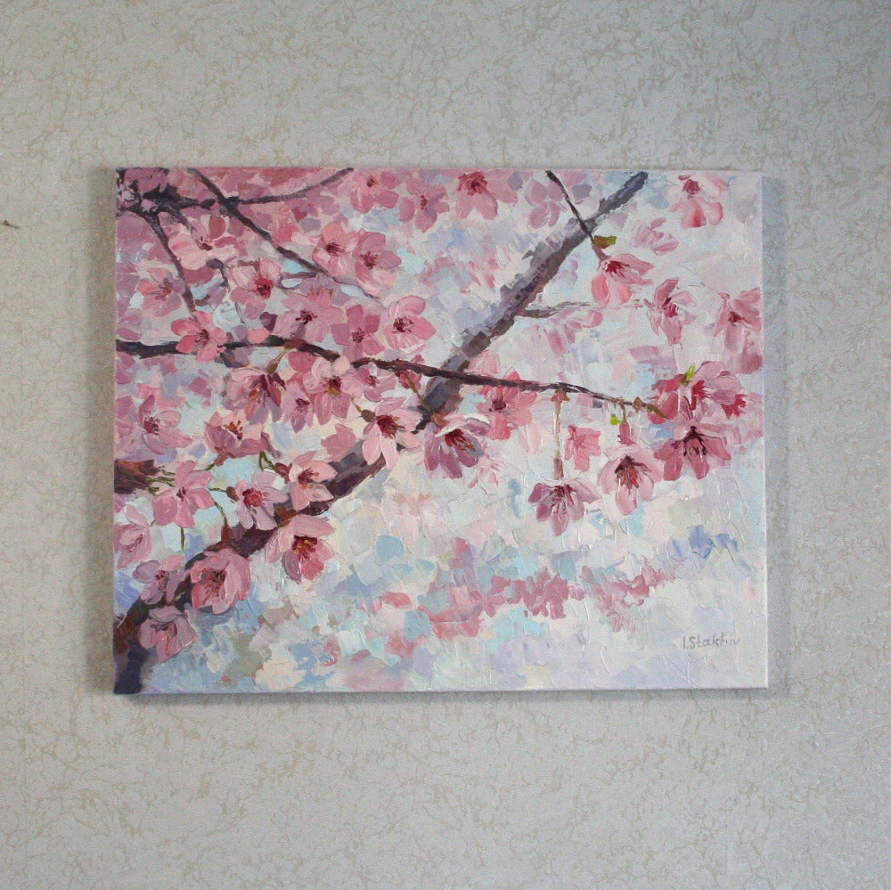 Cherry blossom painting full view, original palette knife impasto art spring flowers canvas
