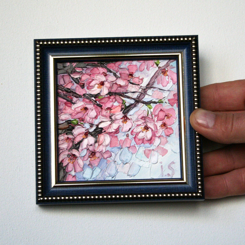 Cherry blossom painting in blue frame – original mini oil painting 4x4 by Iryna Stakhiv 