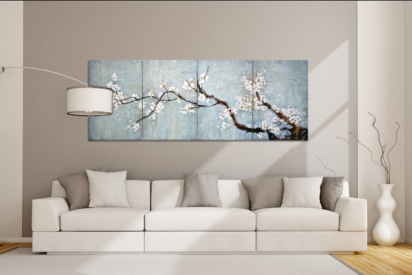 Cherry blossom painting on canvas 4 piece set, original abstract oil painting above bed wall art by Iryna Stakhiv
