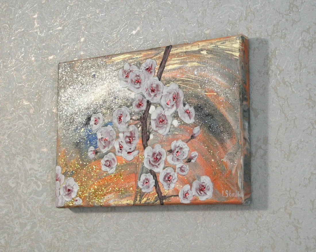 Cherry blossom painting side view, gallery wrapped edges, no frame needed