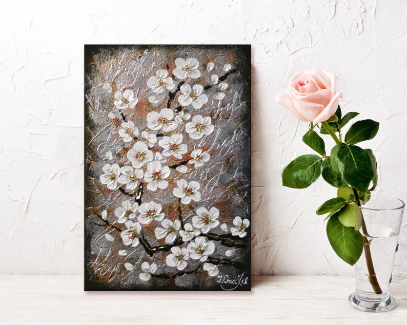 Cherry blossom painting with gold leaf, original acrylic palette knife sakura art by Iryna Stakhiv