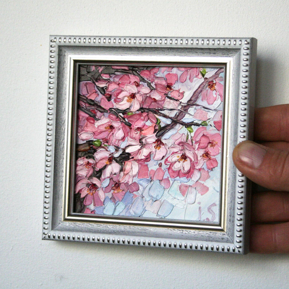 Cherry blossom tiny framed oil painting 10x10 cm – original sakura art by Iryna Stakhiv 