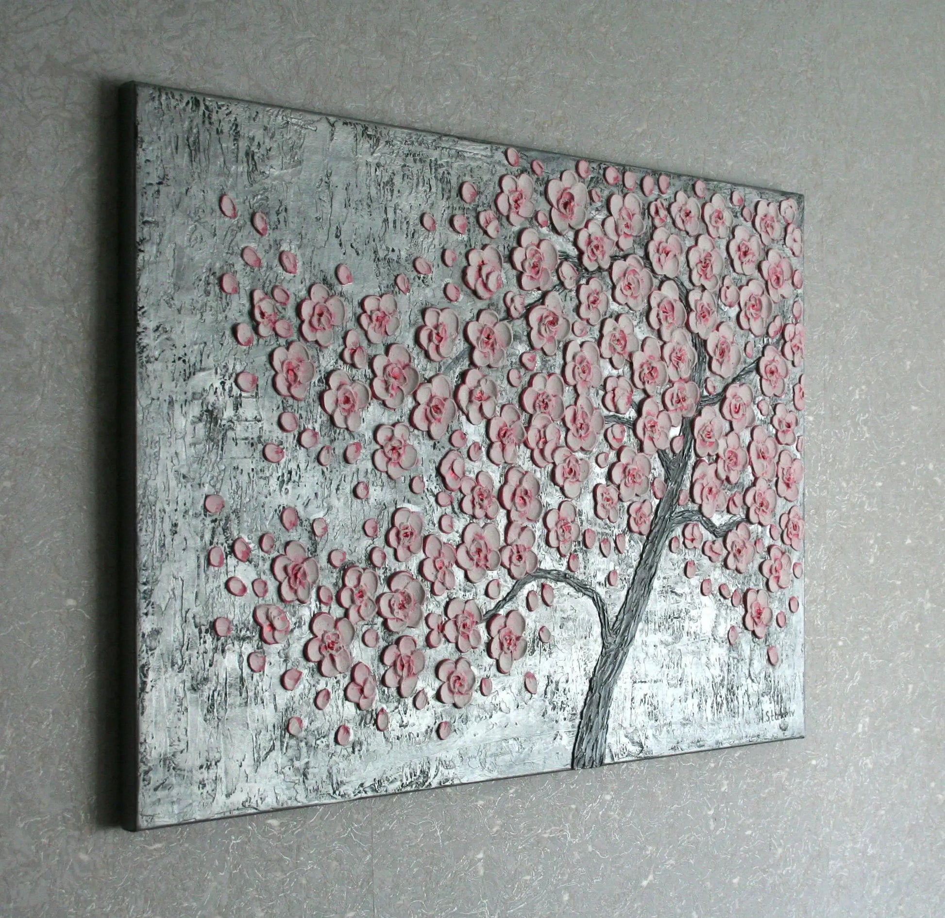 Cherry blossom tree 3D textured painting full view – pink sakura blooms on metallic silver canvas by Iryna Stakhiv