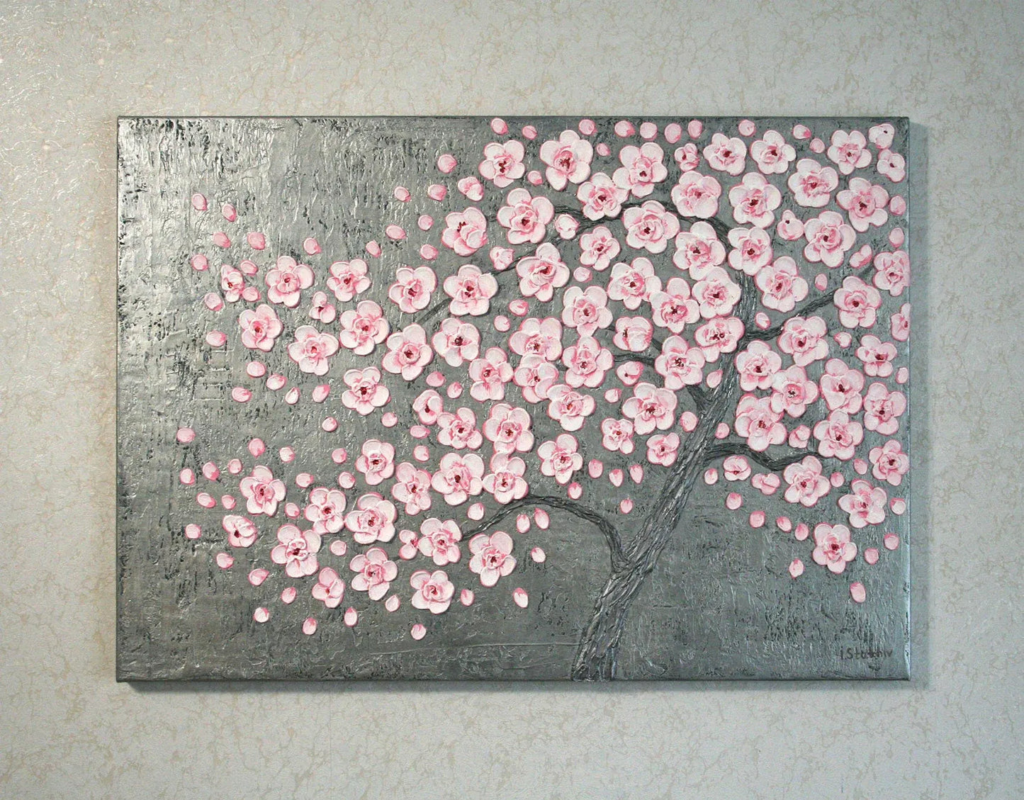 Cherry blossom tree painting detail – 3D floral texture, pink and silver original acrylic artwork by Iryna Stakhiv