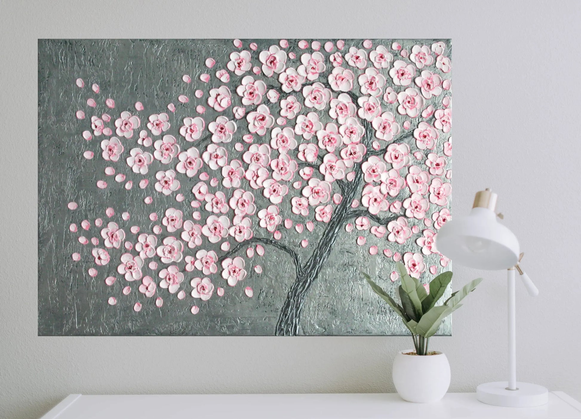 Cherry blossom tree painting – original 3D textured acrylic on canvas, metallic silver background by Iryna Stakhiv