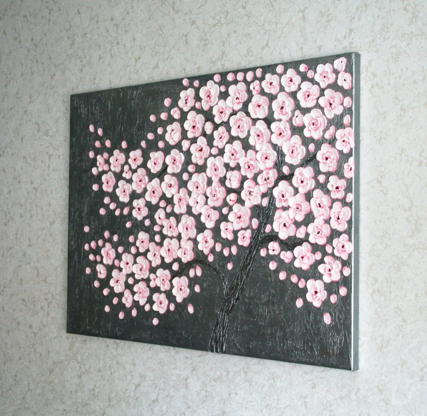 Cherry blossom tree painting side profile – 3D raised pink flowers on silver canvas, ready to hang art