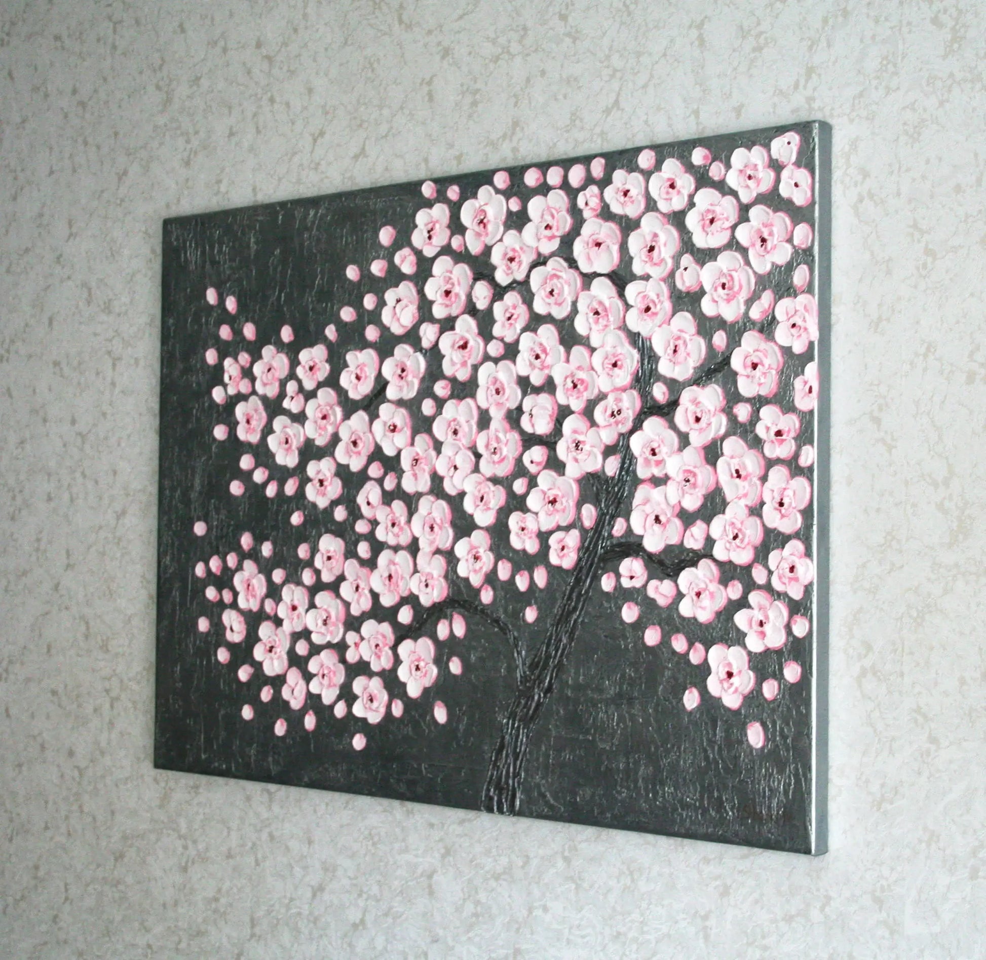 Cherry blossom tree painting side profile – 3D raised pink flowers on silver canvas, ready to hang art
