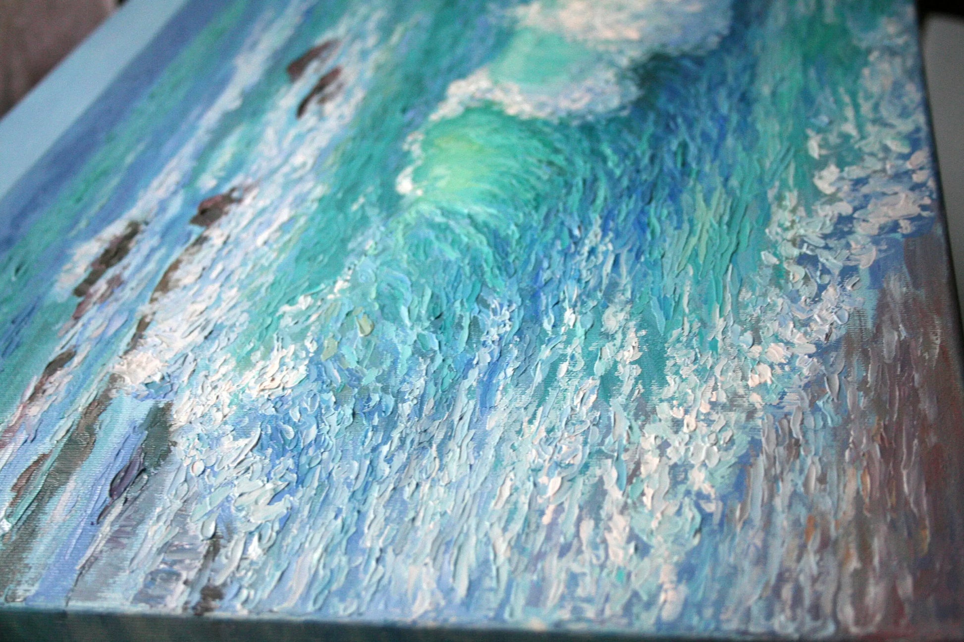 Close-up detail of Laguna Beach seascape oil painting showing impasto palette knife texture, turquoise ocean waves