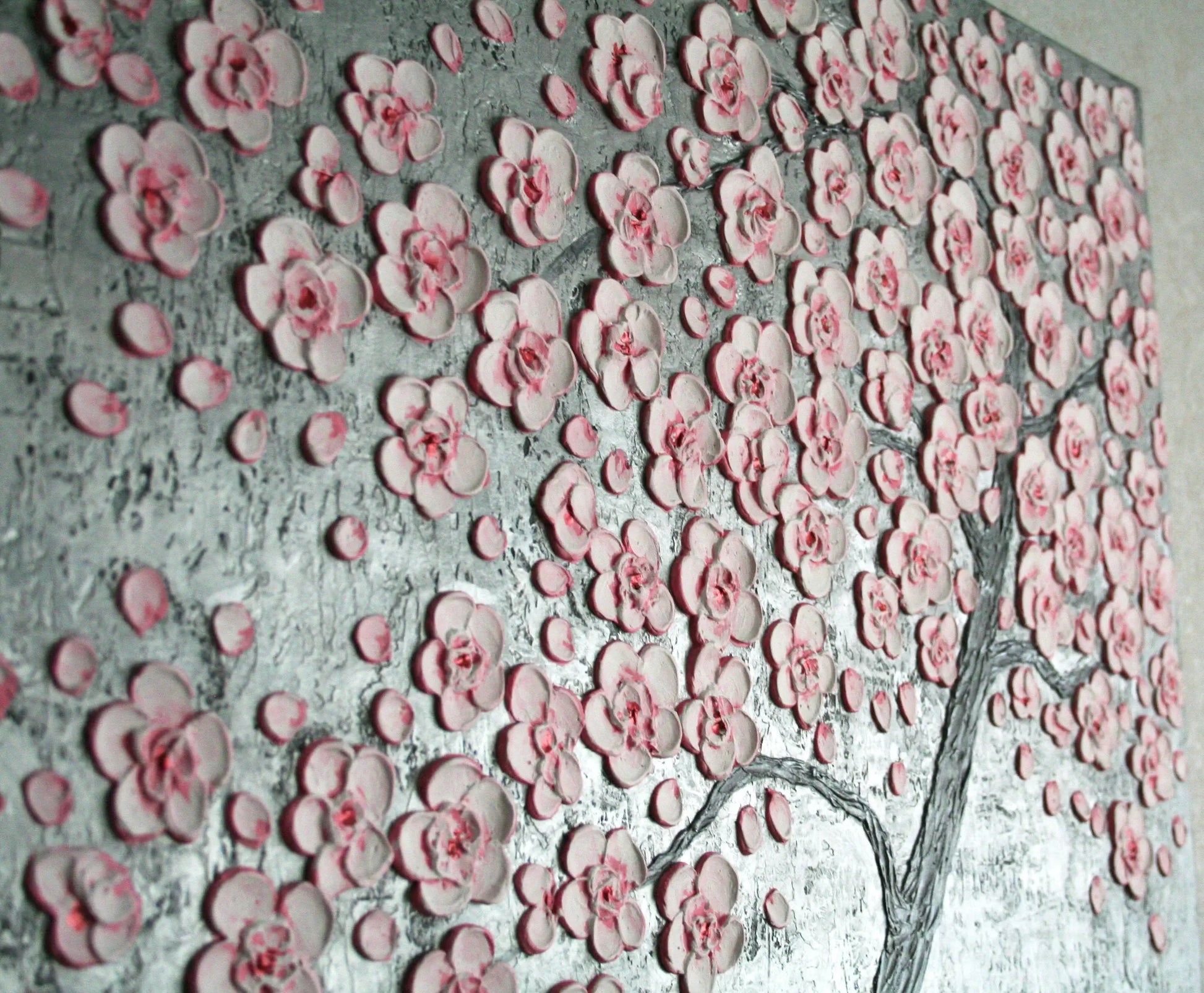 Close-up of 3D textured cherry blossom painting – raised pink sakura blooms, palette knife metallic acrylic art