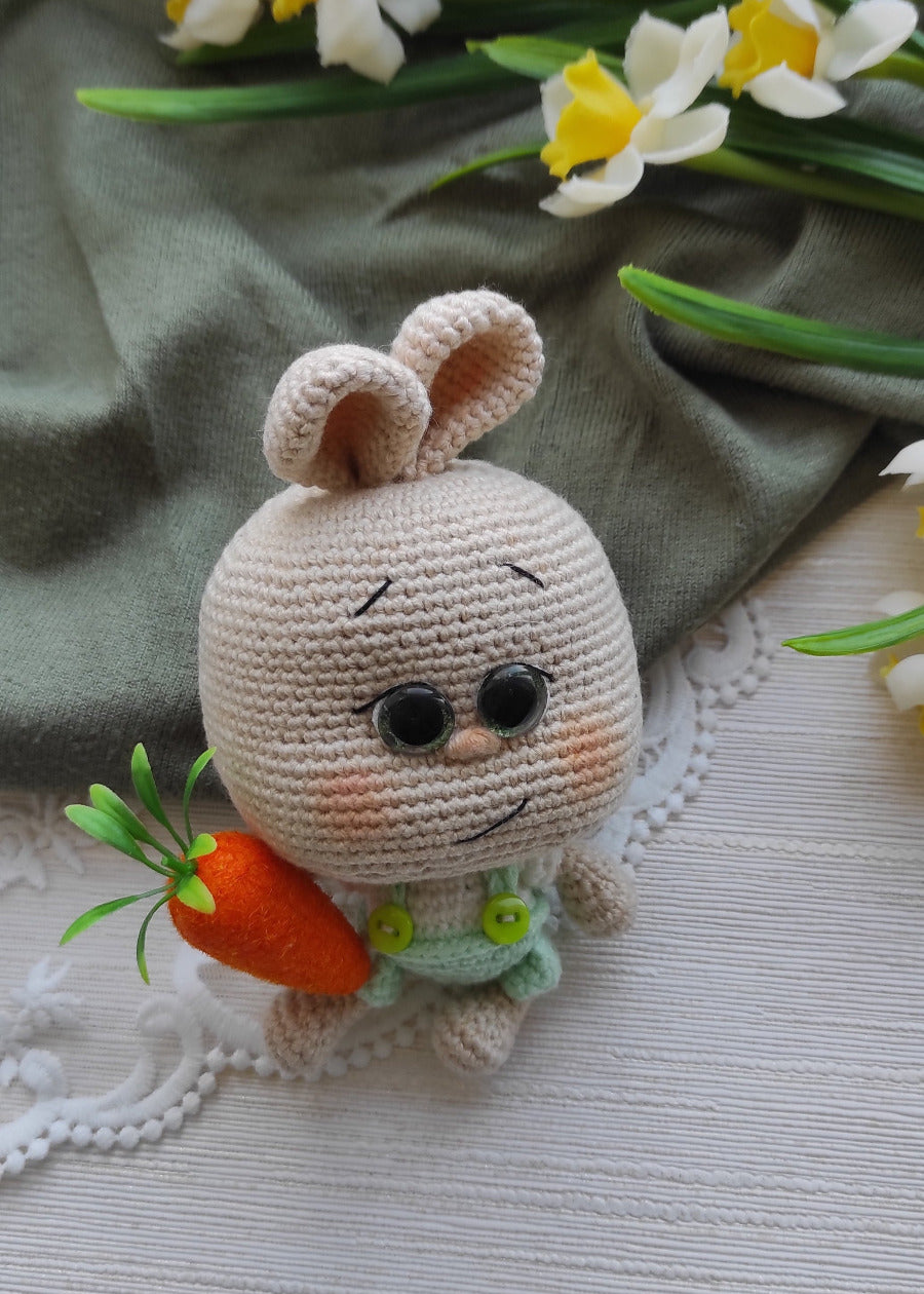 Close-up of crochet rabbit with safety eyes, eco-friendly cotton toy, Original Sisters' Art