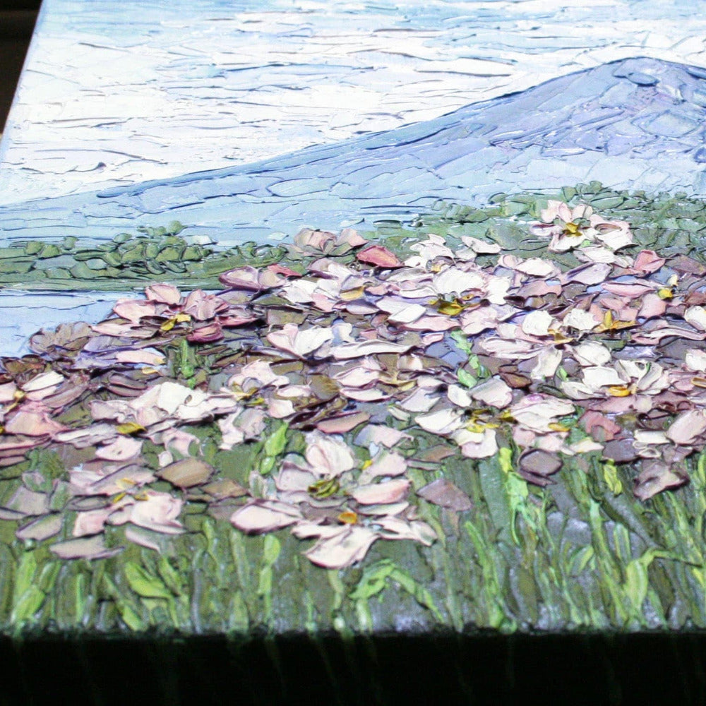 Close-up of impasto texture on Mount Fuji flowers painting, bold palette knife strokes