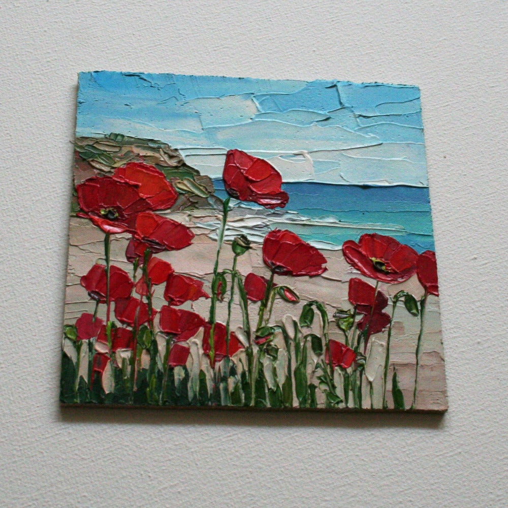 Close-up of impasto texture on Red Poppies mini painting, bold palette knife floral strokes