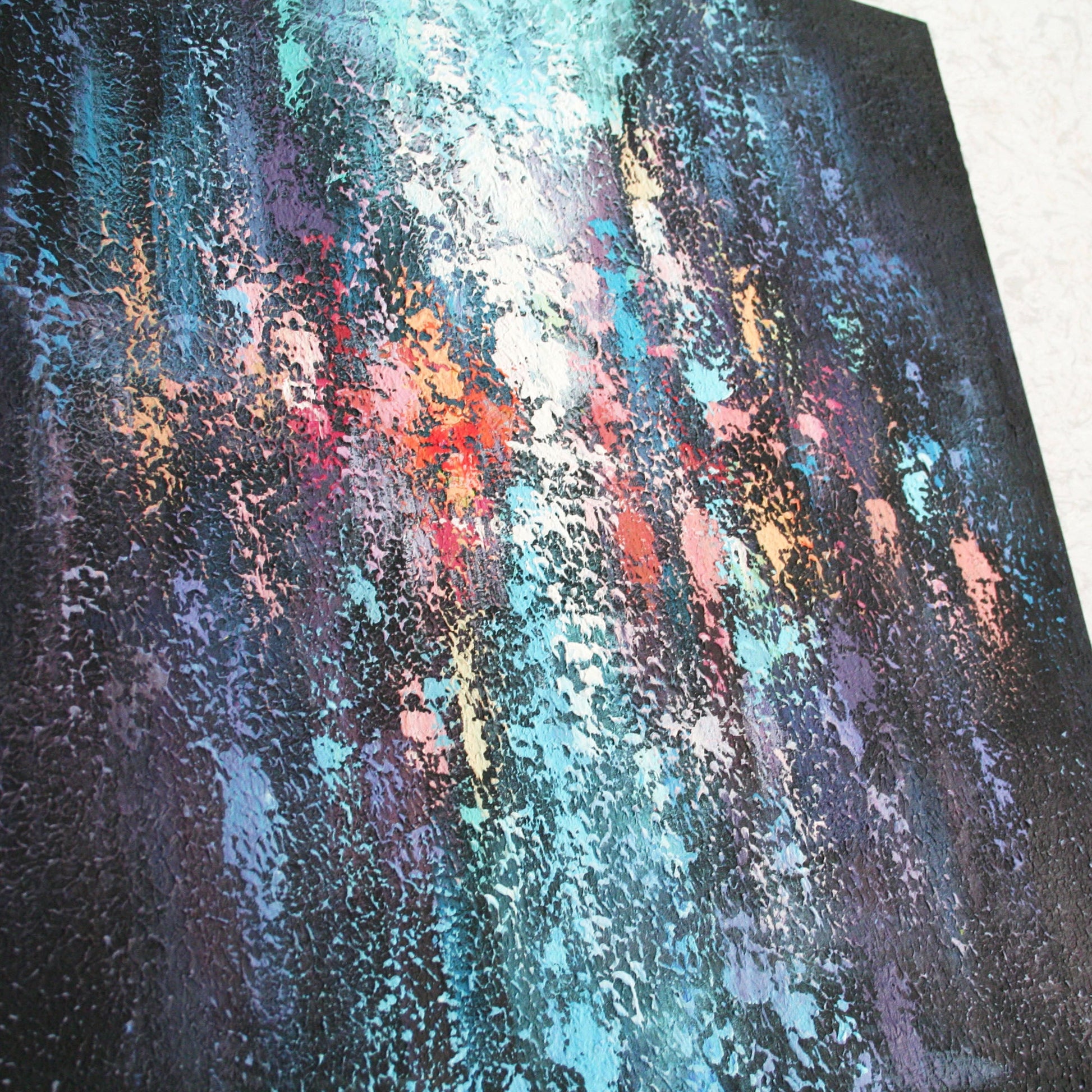 Close-up of impasto texture on acrylic cityscape painting