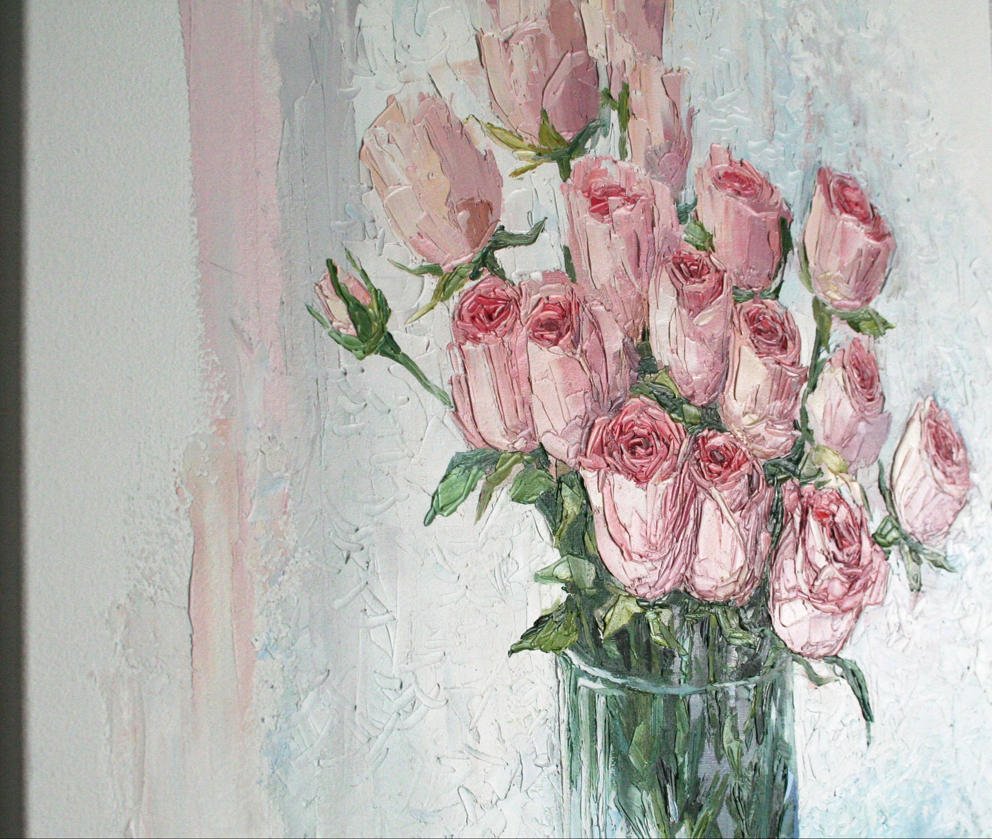 Close-up of impasto texture on pink roses oil painting, bold palette knife strokes