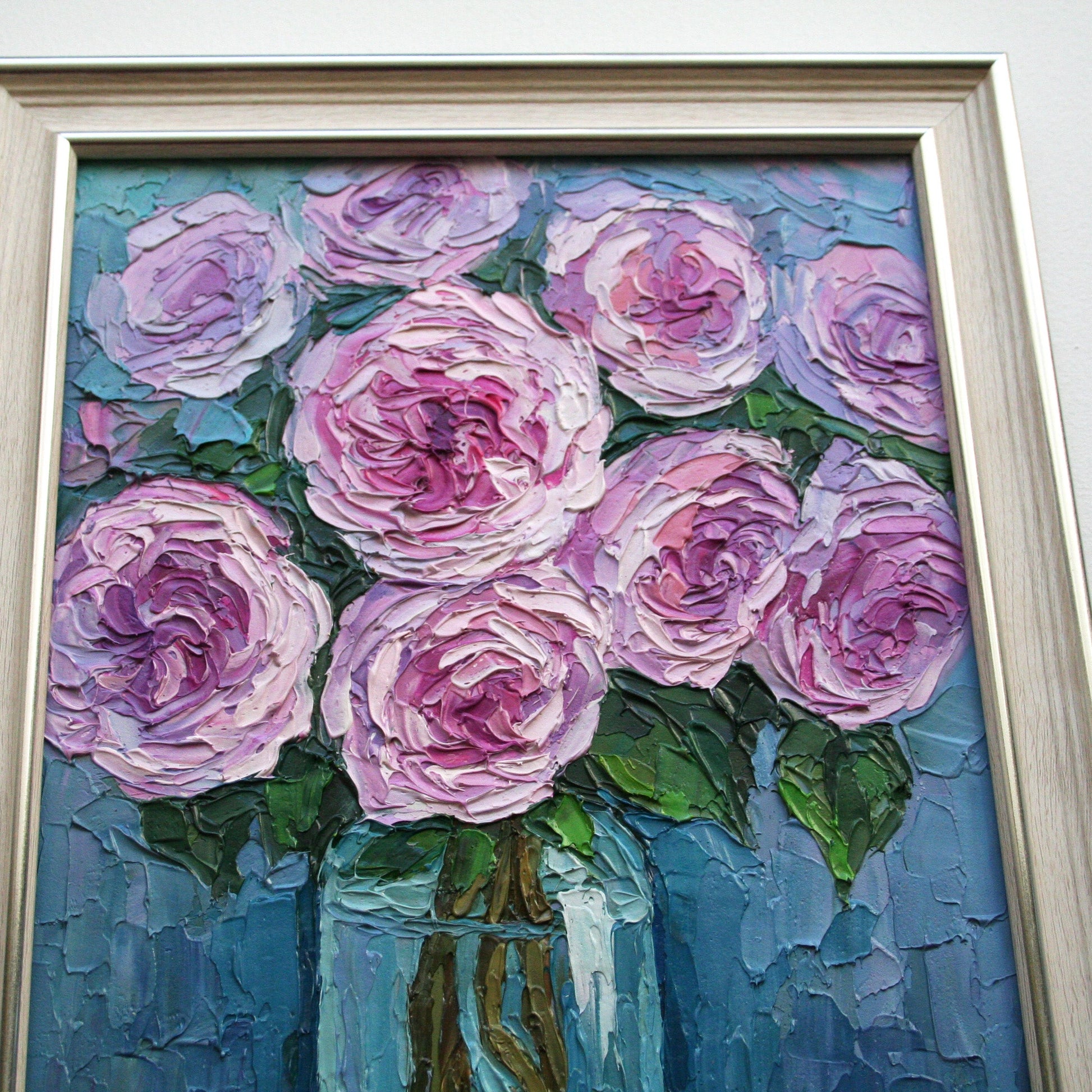 Close-up of palette knife texture on rose oil painting, thick impasto strokes, realistic 3D floral effect