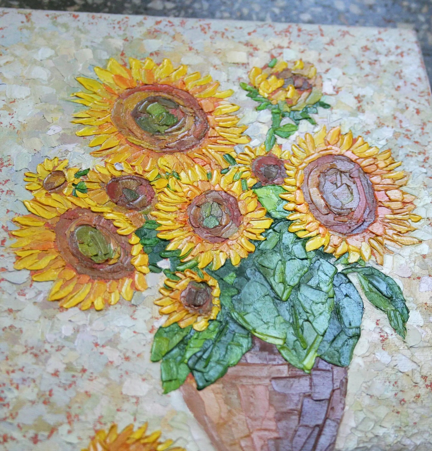 Close-up of sunflower bouquet oil painting, thick impasto texture, palette knife technique