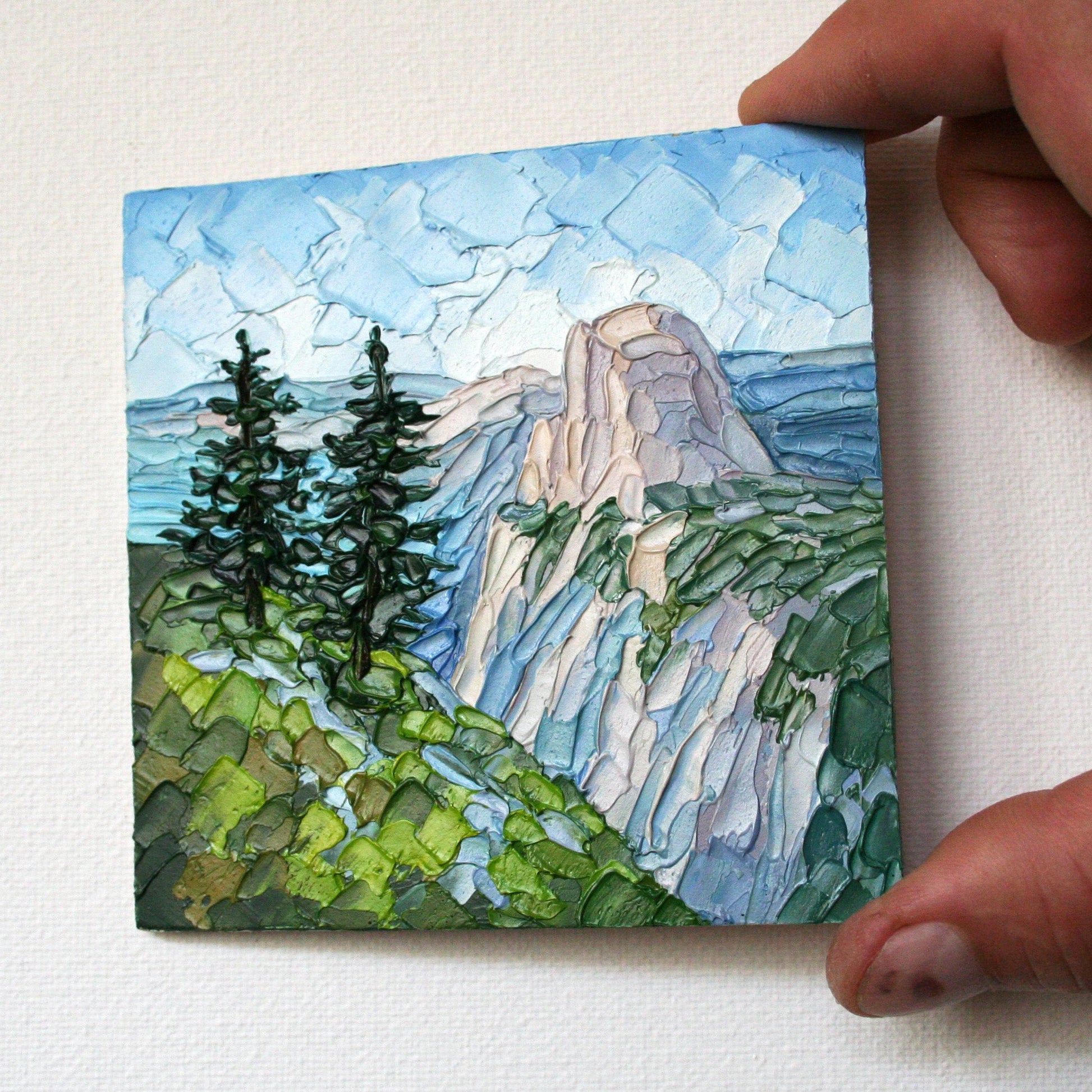 Close up texture of Yosemite mini oil painting impasto mountain artwork details