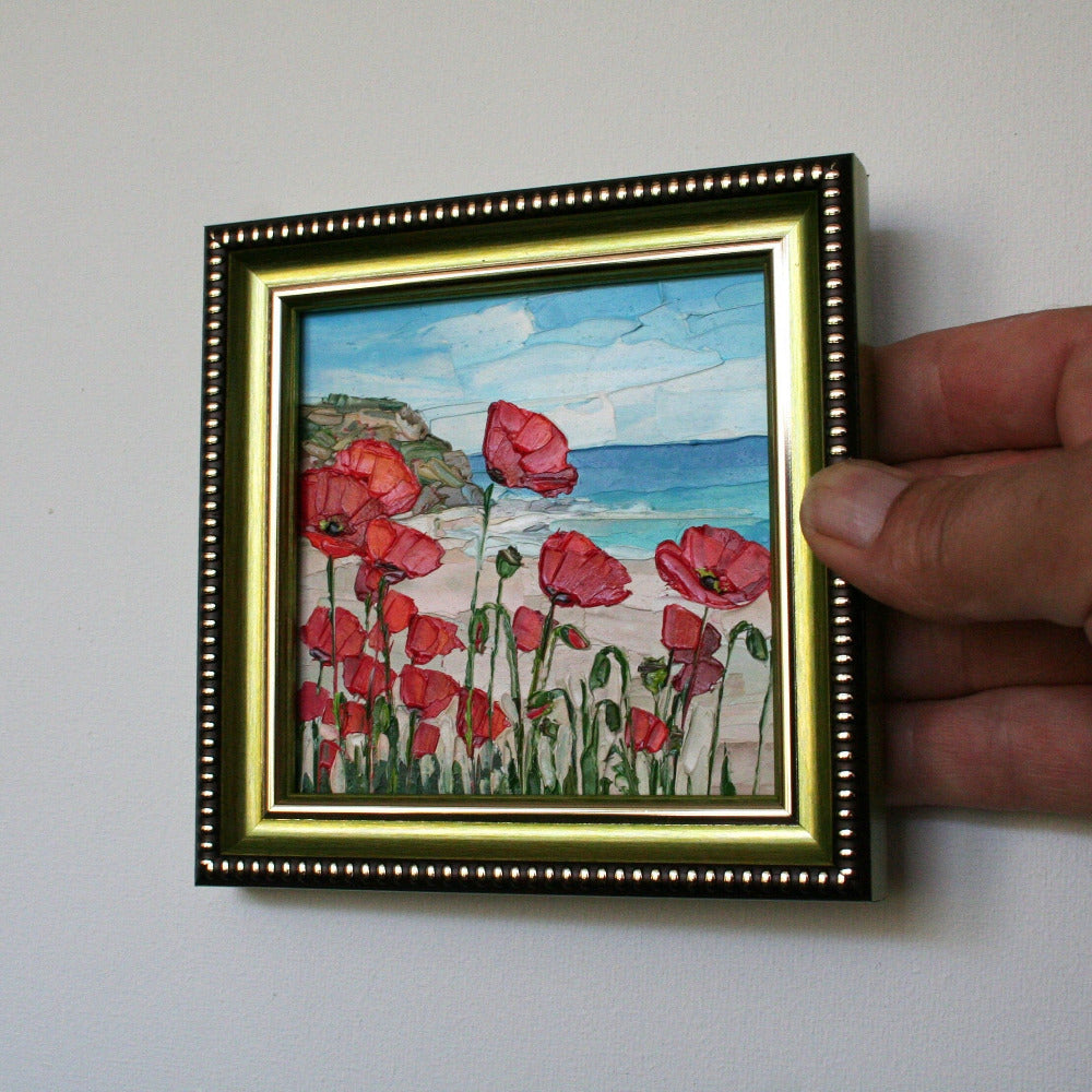 Coastal poppies original oil painting on hard panel, floral art with frame