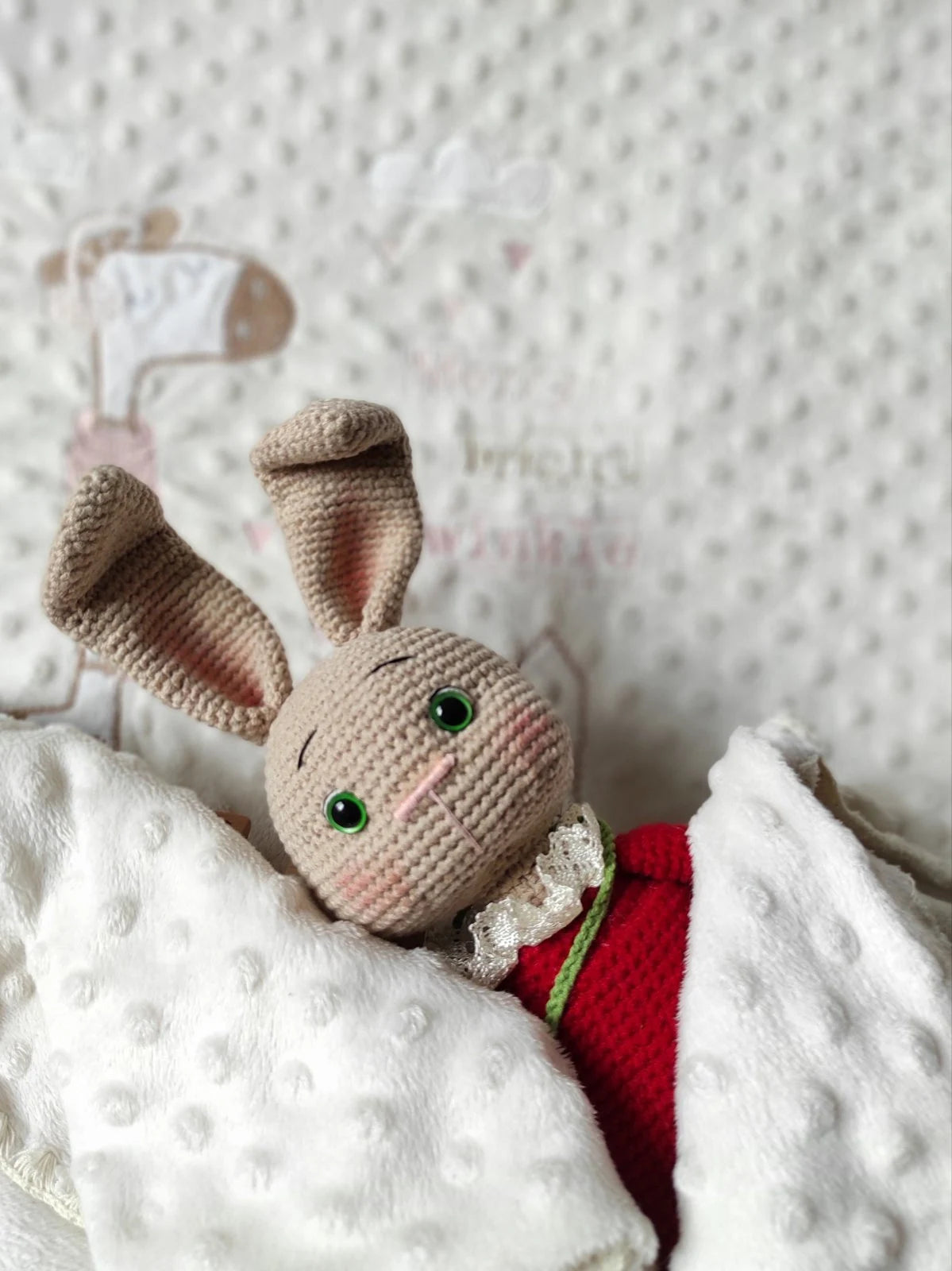 Crochet bunny face close-up — safety eyes, cotton yarn, handmade amigurumi detail