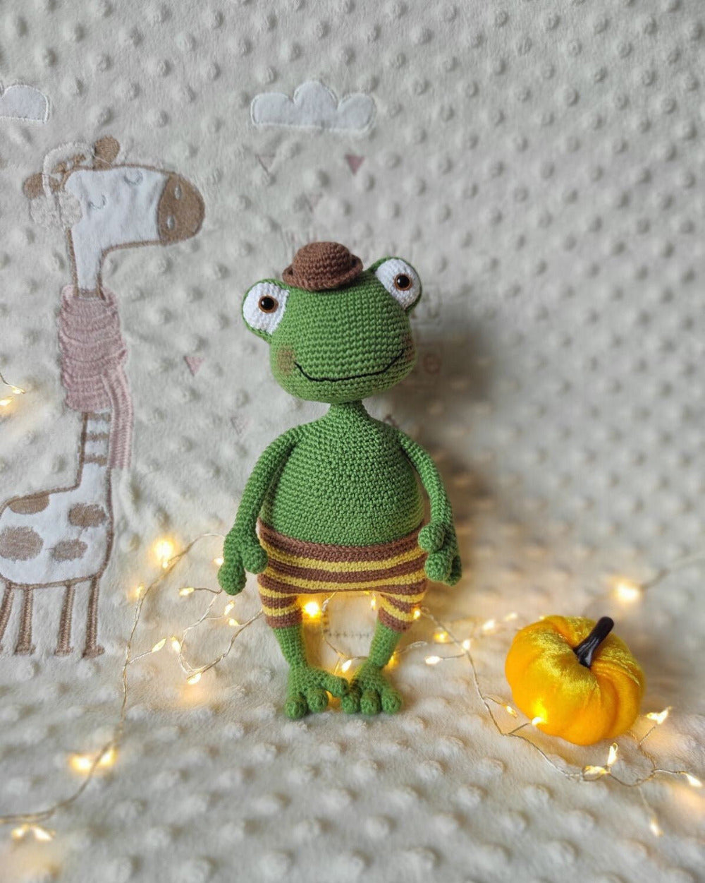 Crochet frog stuffed animal with removable brown hat, handmade amigurumi plush toy, unique gift