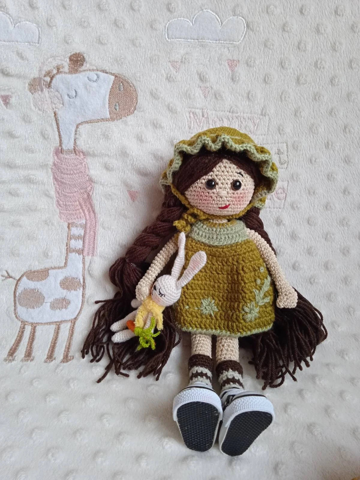 Crochet girl doll with bunny — handmade amigurumi doll, removable dress and hat, front view